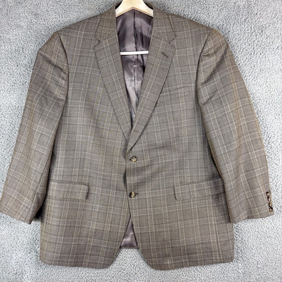 Hart Schaffner Marx Blazer Mens 48R Brown Plaid Wool Blend Two Button Jacket USA